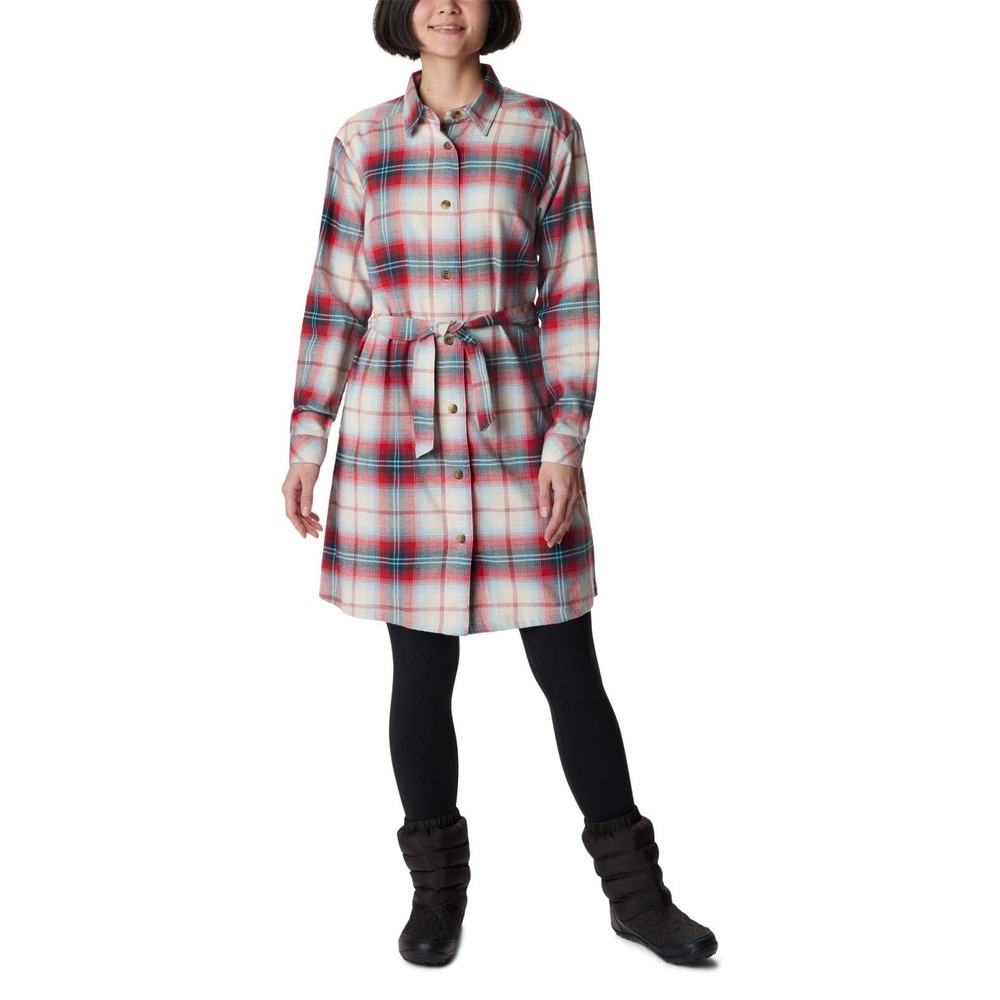 Columbia Holly Hideaway Flannel Dress Womens XS Copper Plaid New Belted Shirt